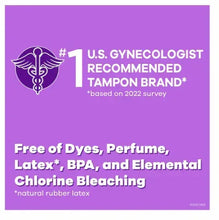 Tampon brand packaging panel: free of dyes, perfume, latex, BPA, and chlorine bleaching