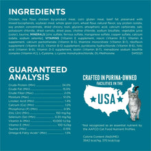 Dry cat food bag back panel with guaranteed analysis and USA info