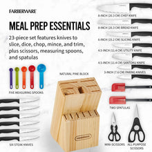 23-piece cutlery set layout with colored measuring spoons and wooden knife block