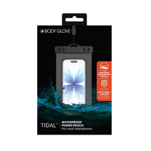 Waterproof phone pouch retail package with hanging display pouch and blue water graphics