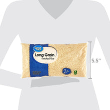 Enriched long grain rice bag with Great Value branding and 5.5 in size guide.