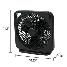 Black box table fan front view with circular grille and control knob