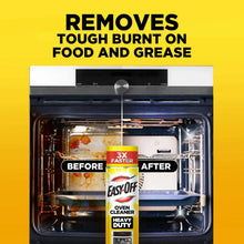 Oven cleaner foam spray can label shown between before-and-after oven scenes