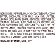 Ingredients list for peanut butter eggs with milk chocolate, peanuts, sugar, and oils