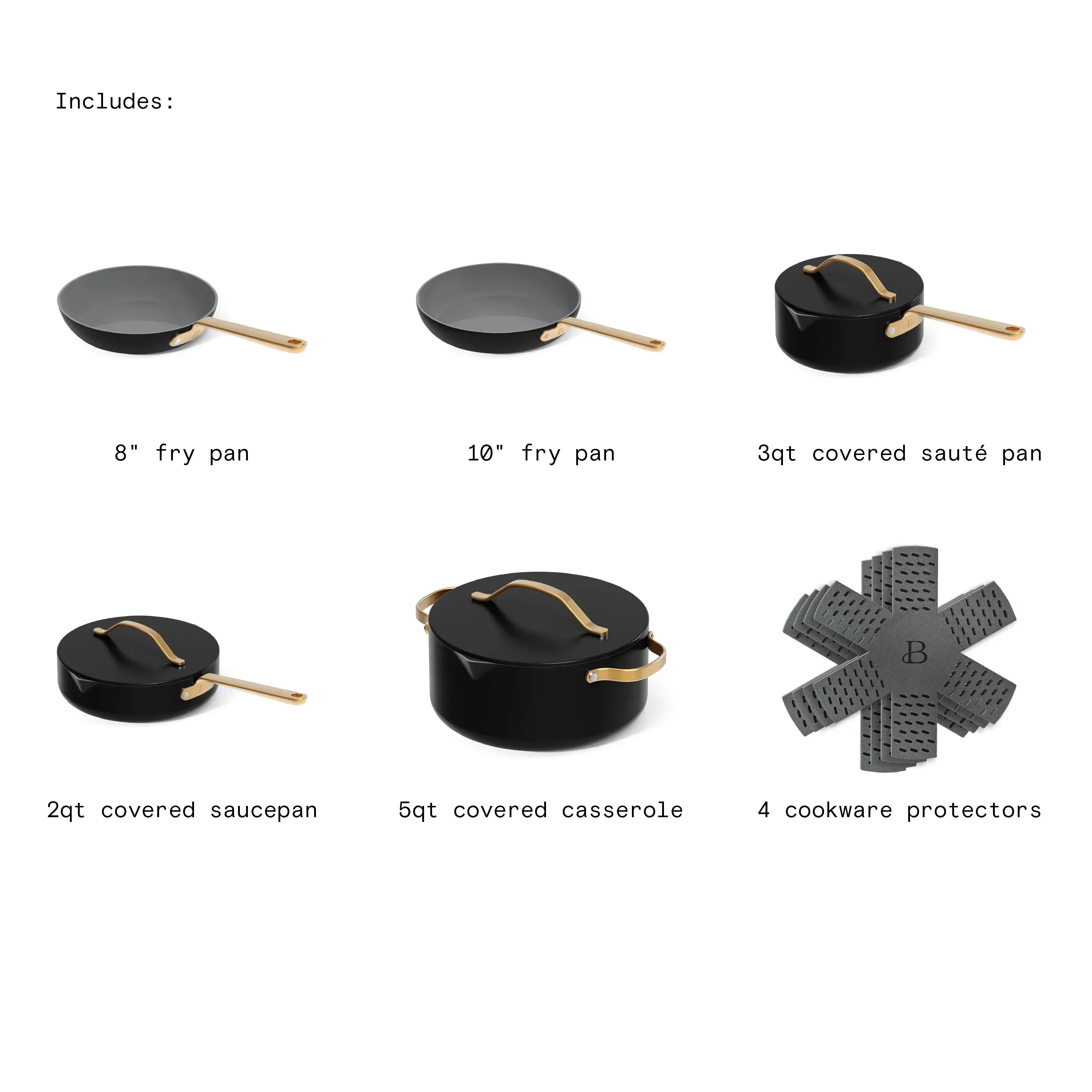 Beautiful 12-Piece Ceramic Nonstick Cookware Set, Pots and Pans with Strainer Lids, Black Sesame by Drew Barrymore