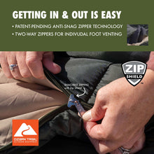 Doublewide sleeping bag zipper close-up on dark fabric with tan trim and zipper pull