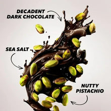 Dark chocolate splash graphic with pistachio nuts and sea salt wording on bag