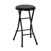 Black vinyl padded folding stool with round seat and arched metal legs