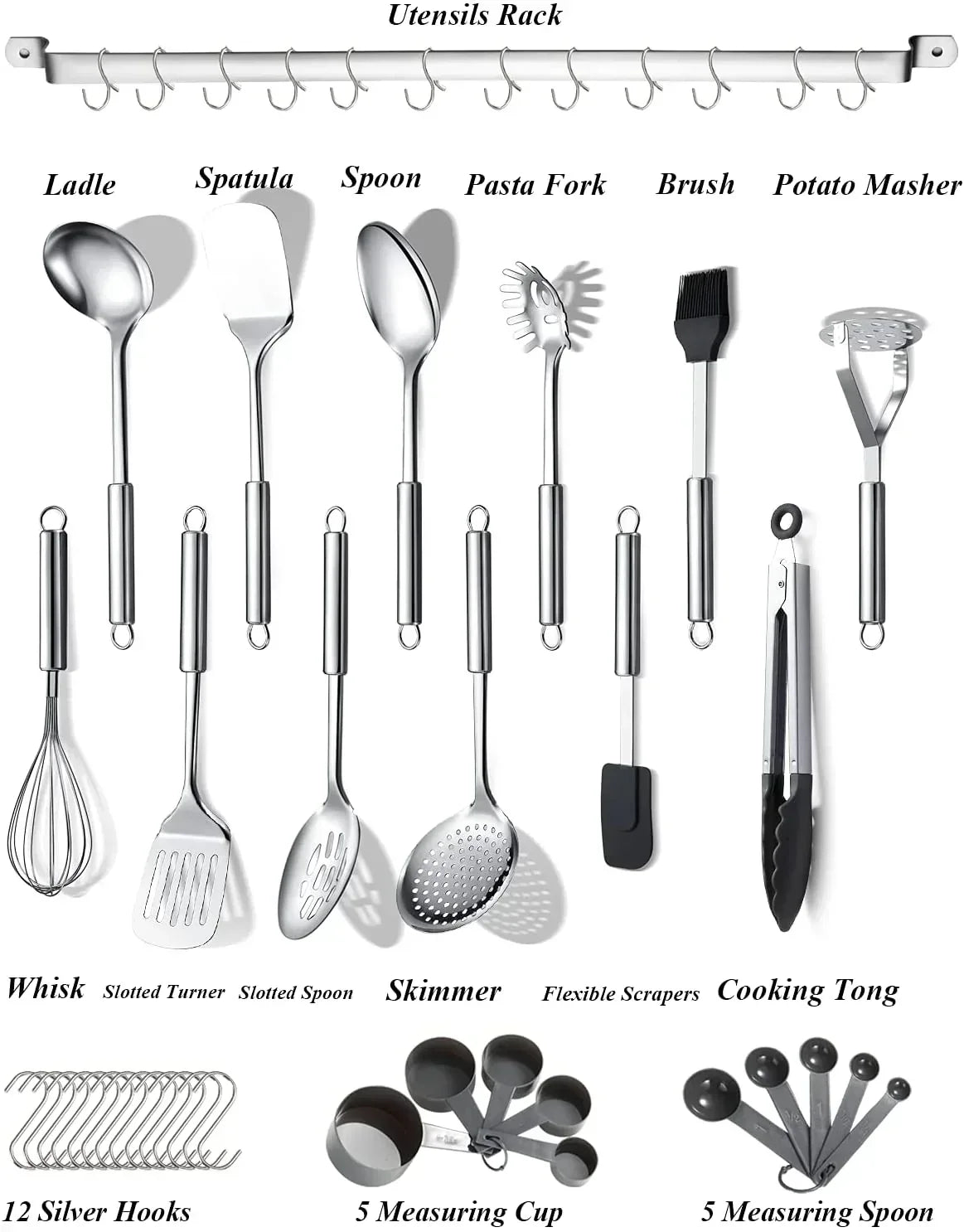 ReaNea Kitchen Utensils Set 37 Pieces, Stainless Steel Cooking Utensils Set, Kitchen Gadgets Cookwarewith Hooks For Hanging Kitchen Tool Set