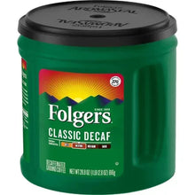 Folgers Classic Decaf ground coffee canister with lid, front label shown