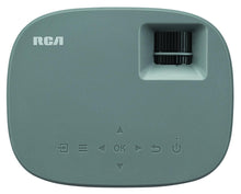 Projector top controls with RCA logo and button pad, dark