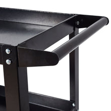 Black tool cart handle and side frame panel, with rounded corner on 3-shelf cart