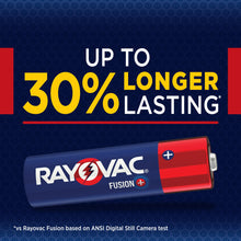 Rayovac Fusion+ AA alkaline battery with red casing and silver positive terminal