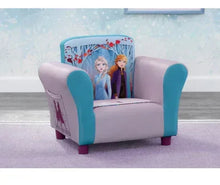 Kids upholstered chair, light pink seat and teal arms, with Frozen II printed back panel
