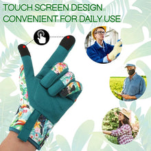 Floral gardening gloves with teal fabric and black fingertip panel on thumb