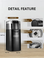 Compact coffee grinder design with visible lid and removable chute