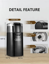 Black electric coffee grinder feature diagram with compact body and visible lid