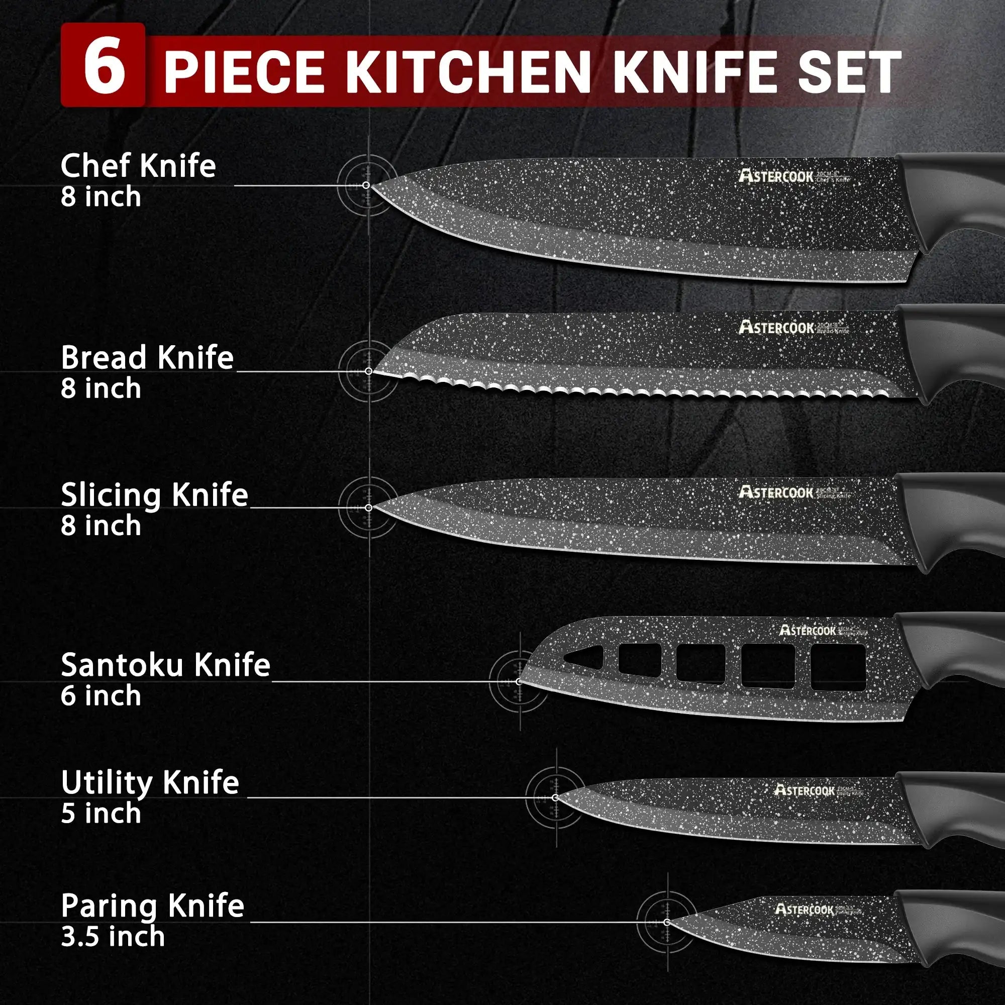 Astercook 6 Piece Starry-Sky Kitchen Knife Set, Carbon German Stainless Steel Knife Set with 6 Blade Guards, Non-stick Coating & Dishwasher Safe, Perfect Gifts for Kitchen