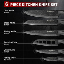 Six-piece kitchen knife set showing chef, bread, slicing, santoku, utility, and paring knives