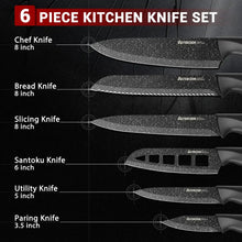 6-piece kitchen knife set including chef, bread, slicing, santoku, utility, and paring knives