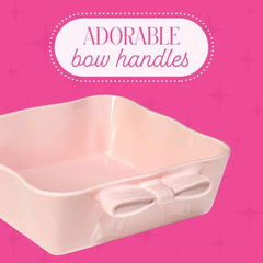 Paris Hilton Ceramic Square Baking & Casserole Dish, 8 x 8 x 2.75 in, Oven Safe to 450°F, Dishwasher & Microwave Safe, Pink with Bow Handles