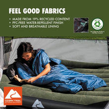 Blue wearable sleeping bag on a cot, partially zipped with hooded neckline.