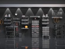 Hyper Stack modular toolbox wall display with multiple dark gray bins and red accents