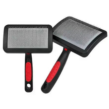 Self-cleaning pet slicker brush with two heads, black handles and red grips