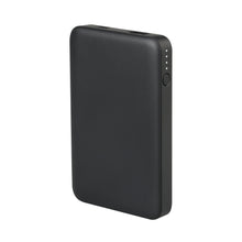 Black portable power bank with smooth casing, rounded edges, and LED indicator