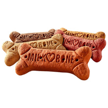 Milk-Bone flavored dog biscuit bones, embossed text, assorted brown and tan