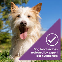 Dog food quality badge with dog portrait, showing expert pet nutritionist review