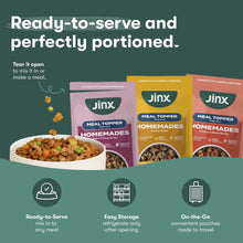 Jinx Homemades meal topper pouches and opened serving bowl with ready-to-serve portion