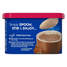 Instant coffee mix tub back panel with preparation steps and scoop serving info