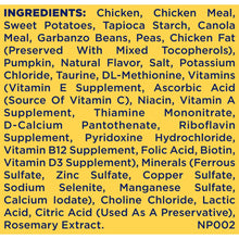 Dog food ingredients label listing chicken, sweet potatoes, pumpkin, vitamins and minerals