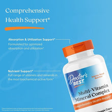 Multi-vitamin mineral complex supplement bottle with orange cap, blue label
