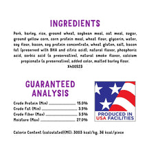 Dog treats pouch ingredients and guaranteed analysis panel