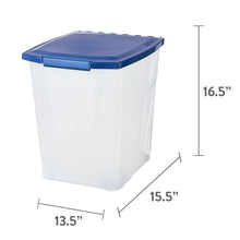 Dog food storage pail with blue lid; white body shown with size measurements