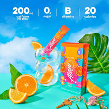Orange Kiss energy drink mix box showing 200 mg caffeine per stick