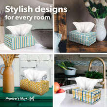 Soft & Strong 2-ply facial tissue boxes with white tissues, striped and floral designs
