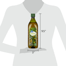 Extra virgin olive oil bottle shown with 3 in by 9.5 in size