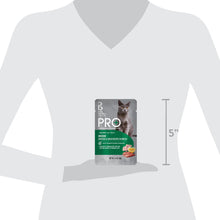 Cat food pouch shown next to height guide, 5 in