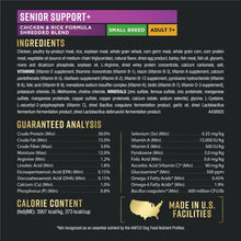 Dog food ingredients and guaranteed analysis panel, with calorie content shown
