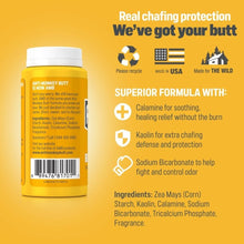 Anti friction body powder bottle back label, yellow bottle with white cap and icons