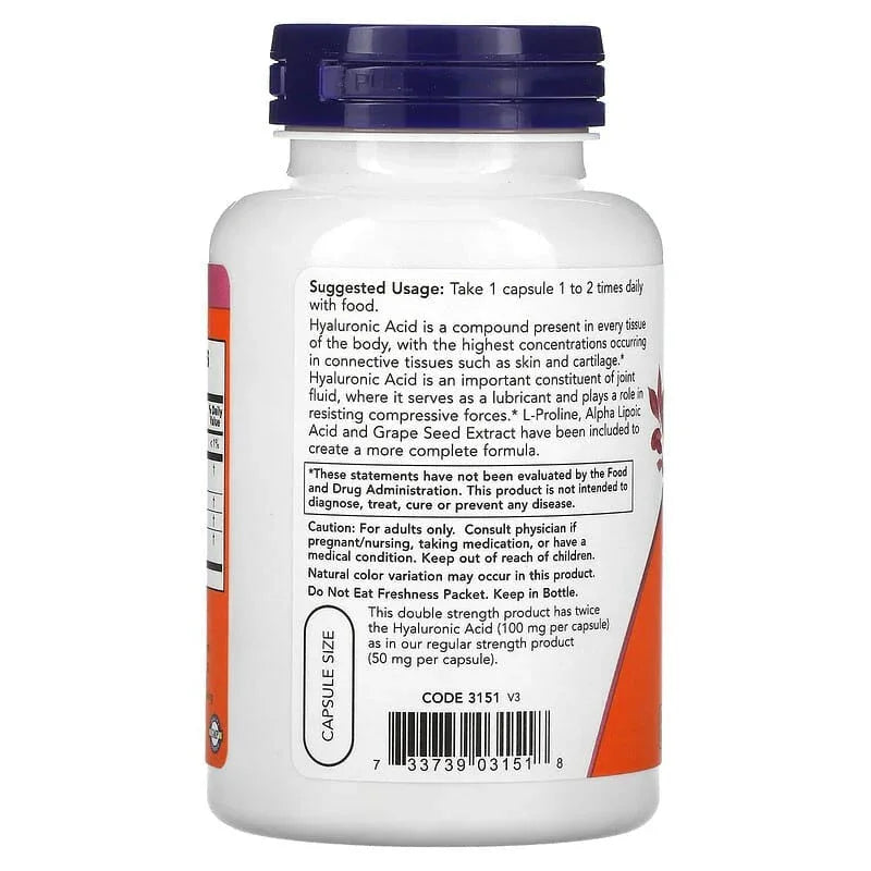 NOW Foods, Hyaluronic Acid With L-Proline, Alpha Lipoic Acid and Grape Seed Extract, 100 mg - USA MEGA SHOP