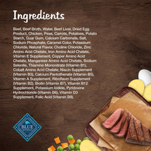Dog food ingredients panel with Blue Buffalo logo, vegetables, and sliced beef