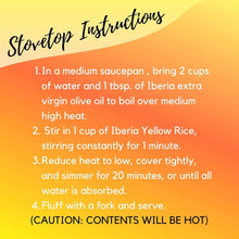 Stovetop instructions panel for yellow rice, numbered cooking steps