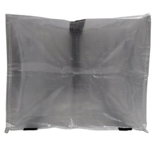 Clear storage moving bag end view with open fold and black corner loops