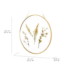 Round glass wall decor with gold frame, hanging chain, dried florals, 9.1 in diameter
