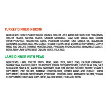 Dog food variety pack ingredients listing for Turkey dinner in broth and Lamb with peas