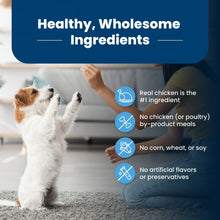 Puppy dry dog food package with real chicken and no artificial flavors icons